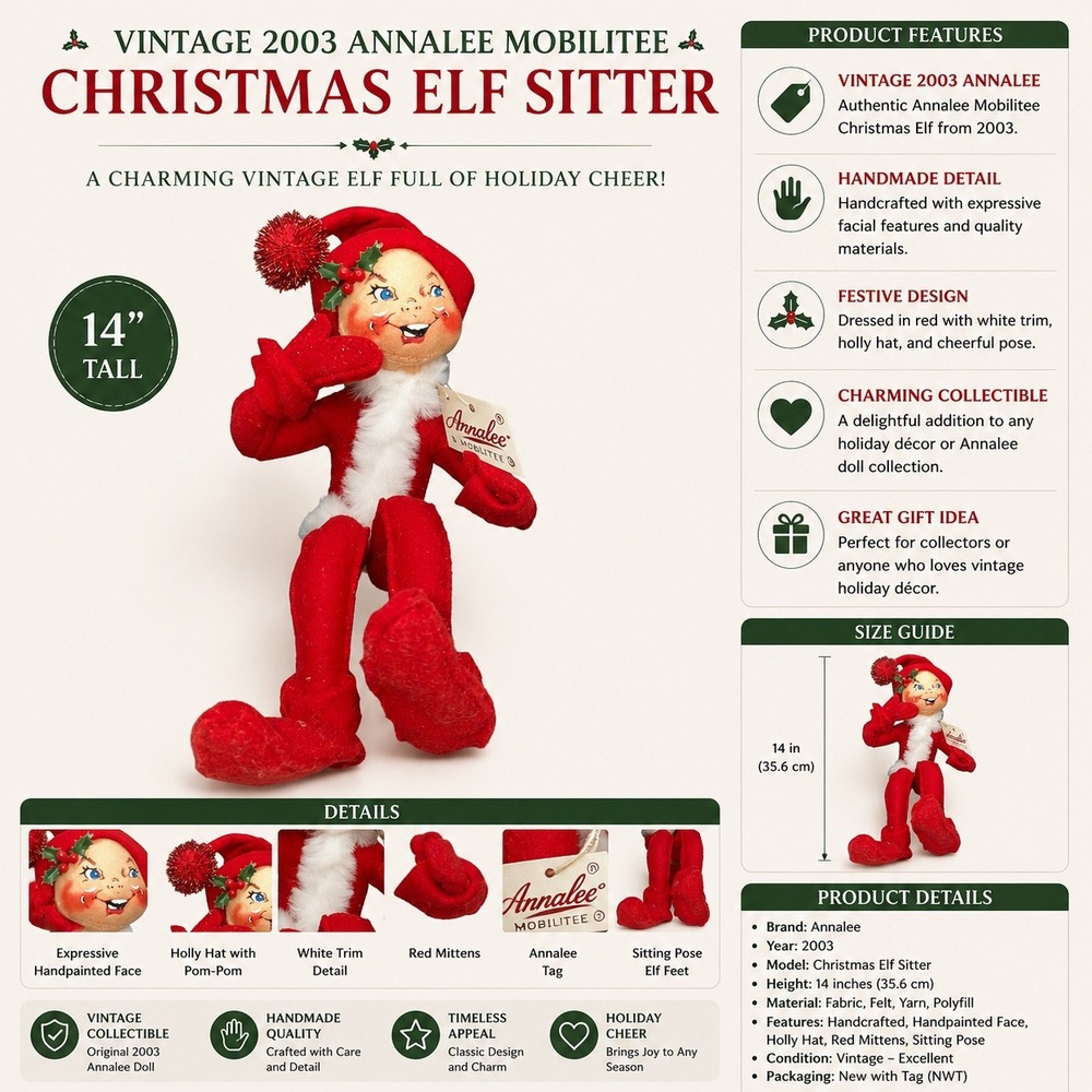 Vintage 2003 Annalee Mobilitee Christmas Elf Sitter 14in Red Felt Posable Doll